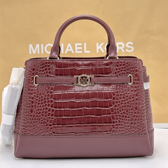 NWT MICHAEL MICHAEL KORS Reed
Large Croc-Embossed Leather Belted
Satchel Oxblood - Picture 2 of 16